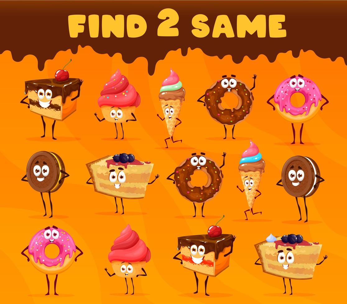 Find two same cartoon bakery sweets and desserts vector