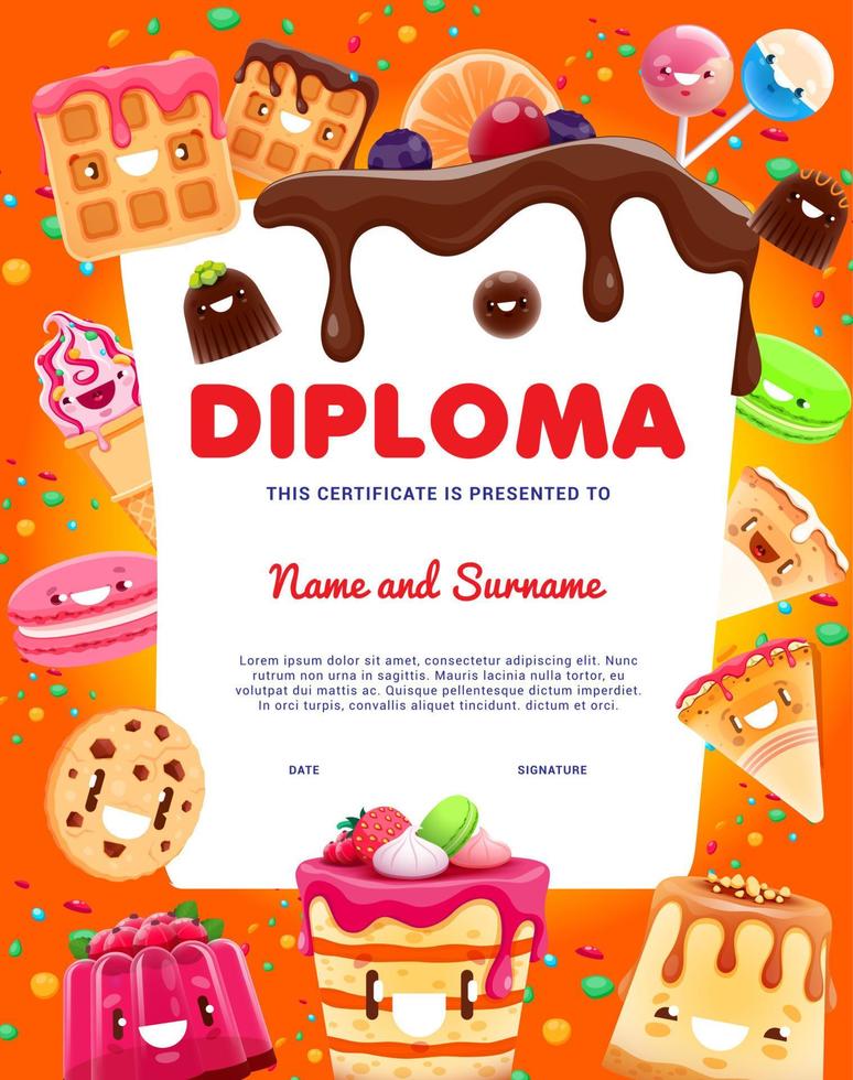 panadería de dibujos animados de diploma para niños, galleta, postre de pastel vector