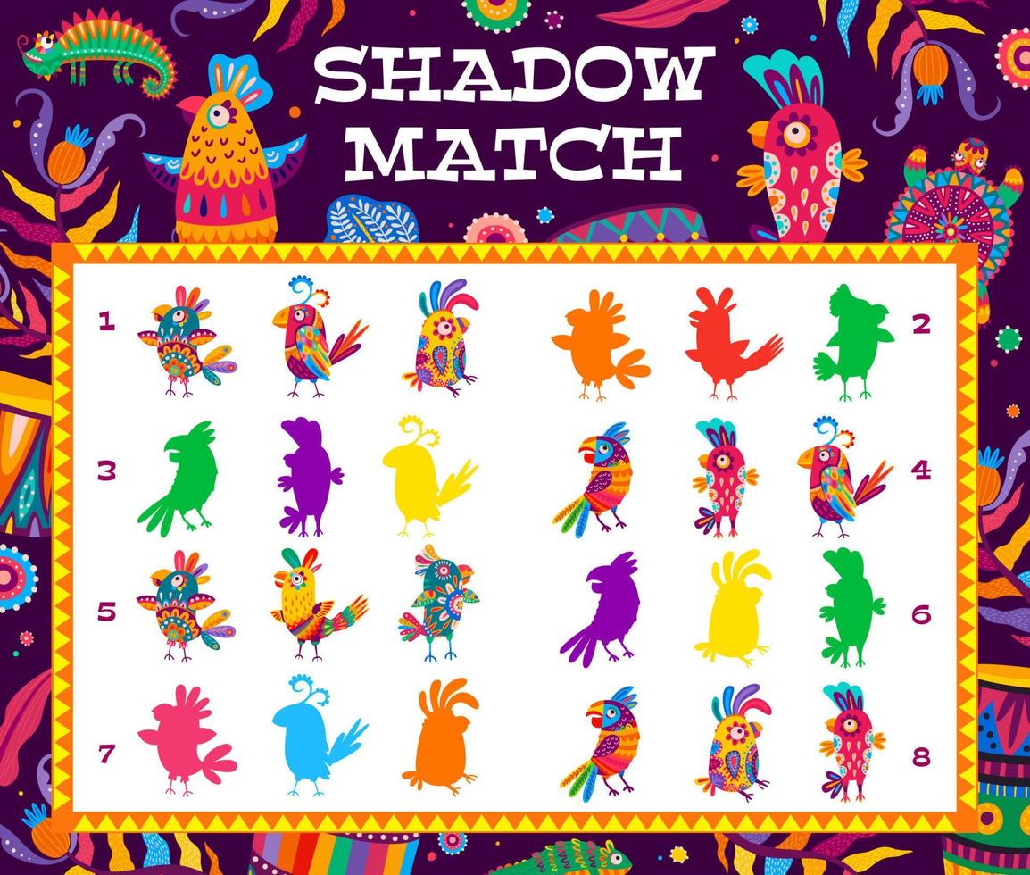 Shadow match game with mexican, brazilian parrots vector