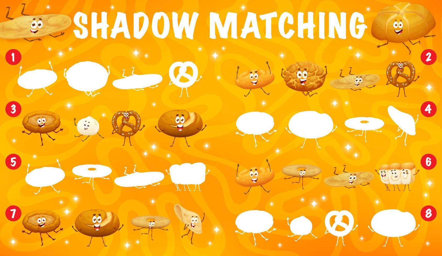 Shadow matching game with cartoon bread characters vector