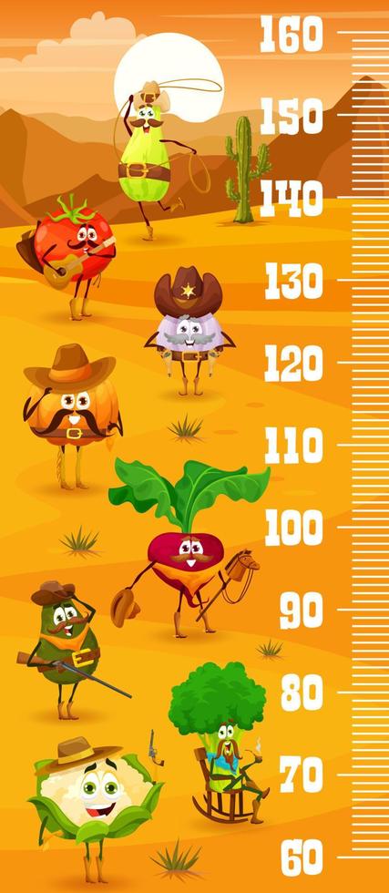 Kids height chart ruler, cowboy sheriff vegetables vector