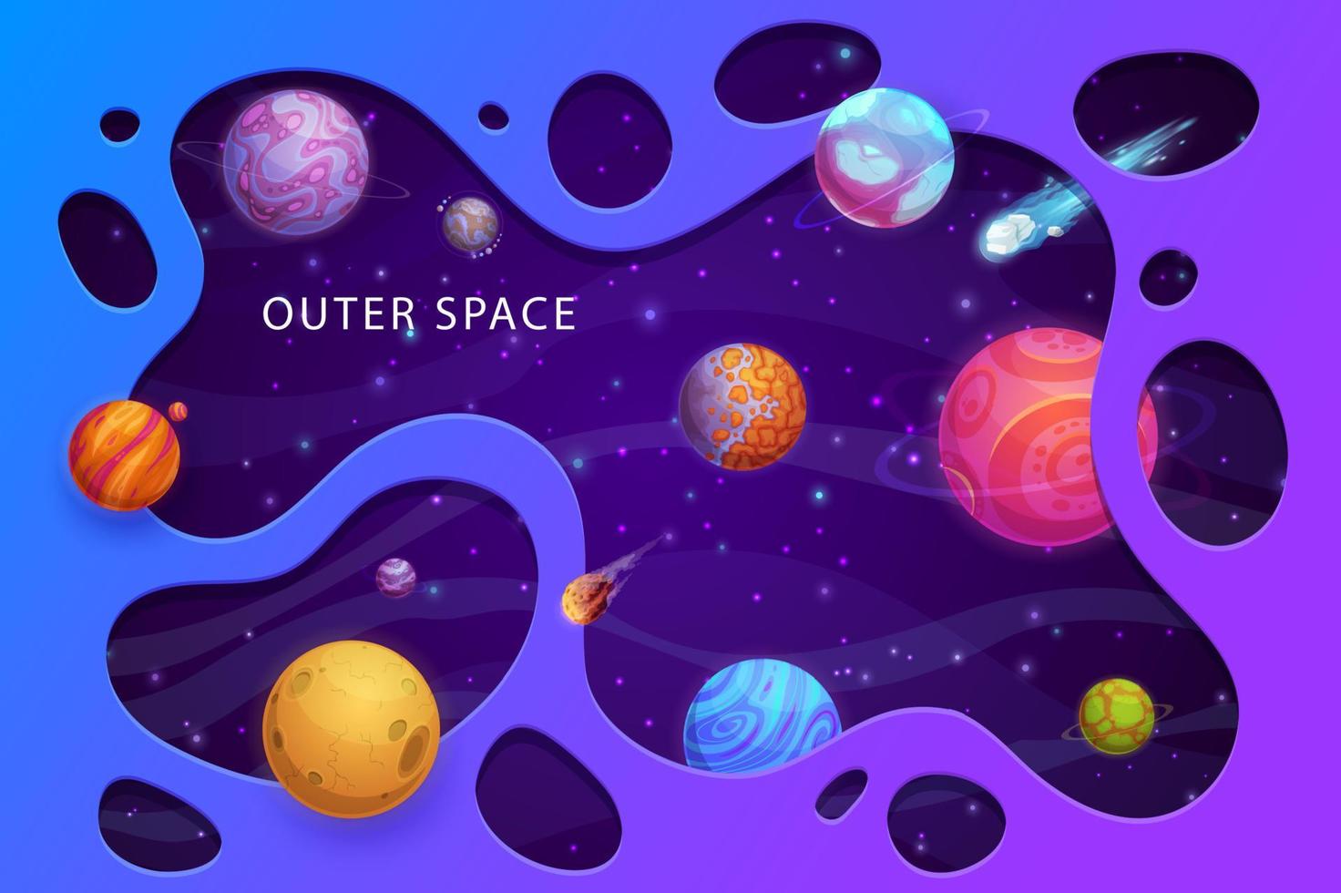Papercut space landscape with cartoon planets vector