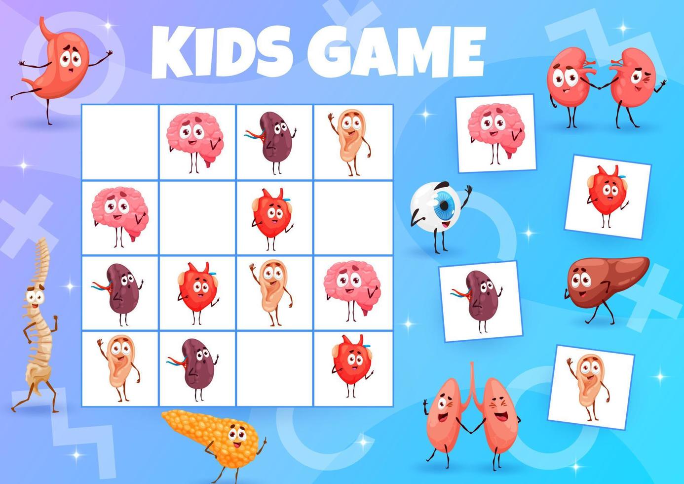 Sudoku game worksheet, cartoon organ characters vector