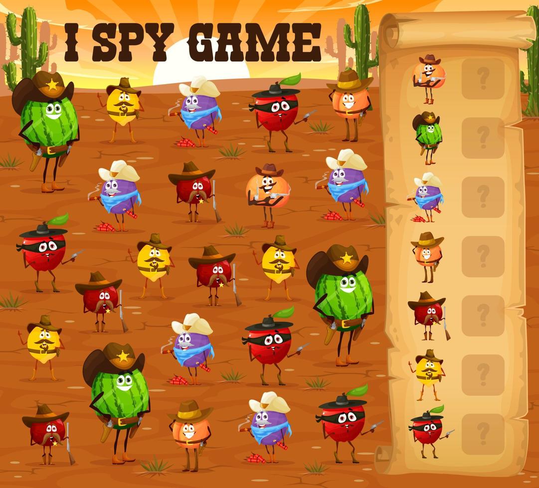 I spy game, cartoon fruit cowboy, ranger, sheriff vector