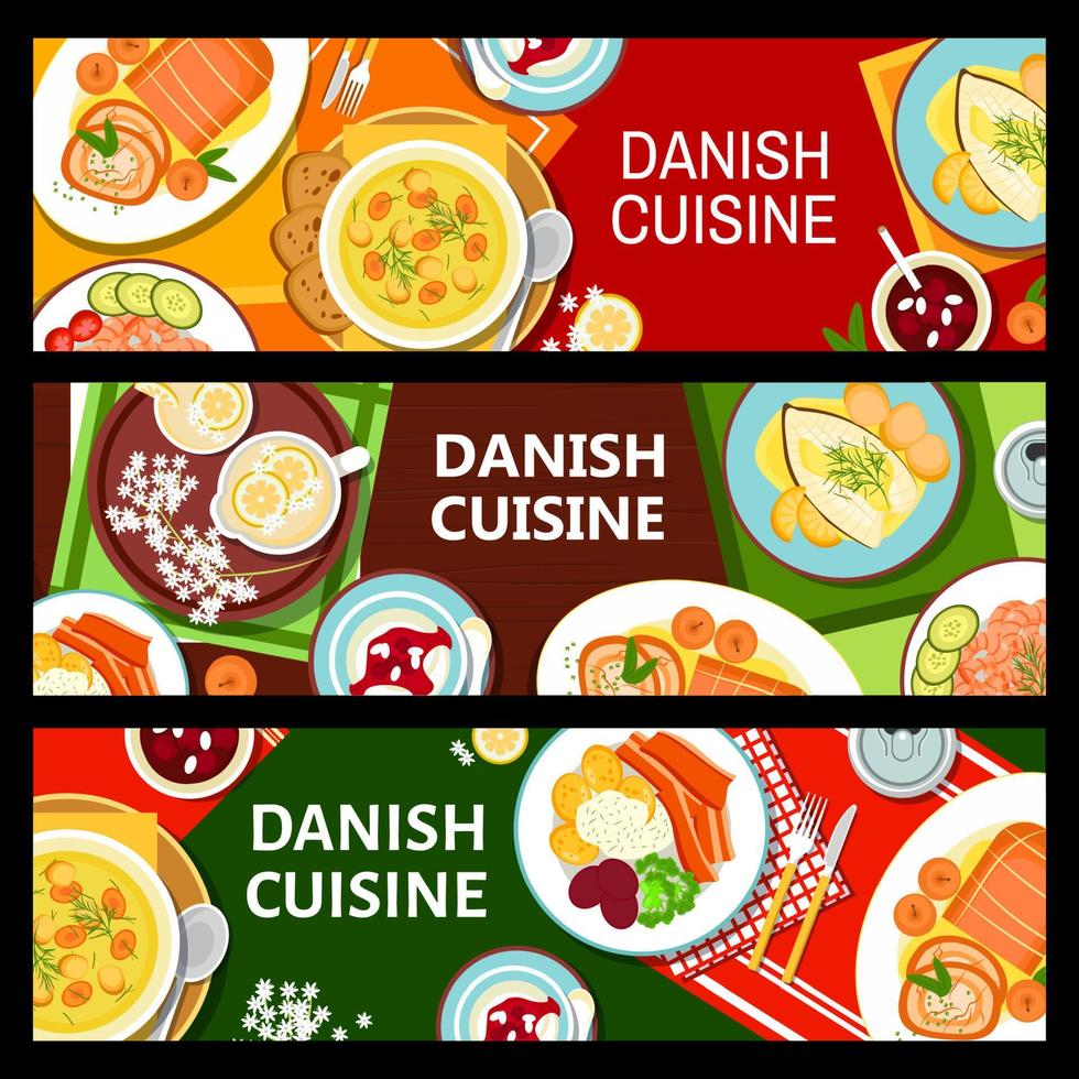 banners horizontales de menú de comidas de cocina danesa vector