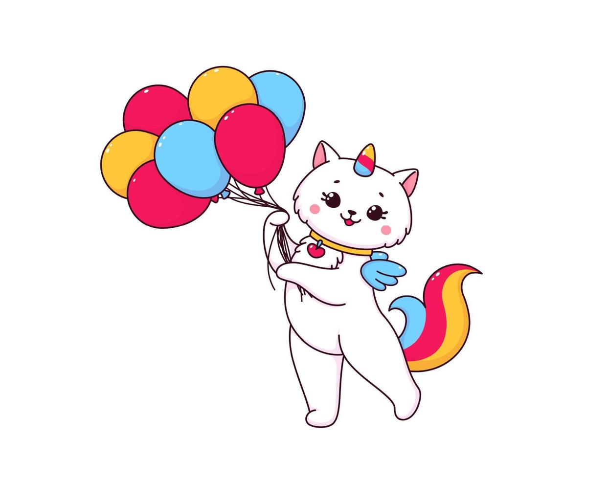 Cartoon caticorn character with air balloons vector