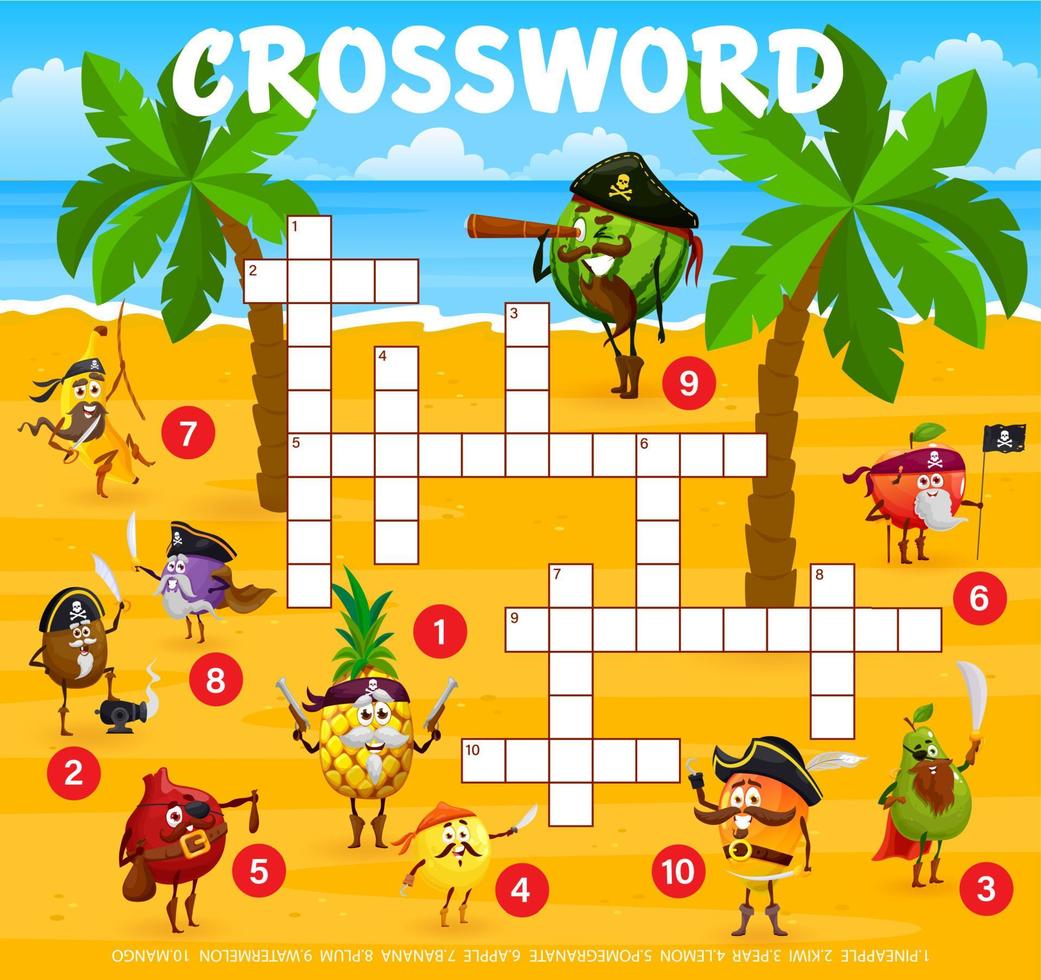 juego de cuadrícula de crucigramas, dibujos animados divertidos piratas de frutas vector