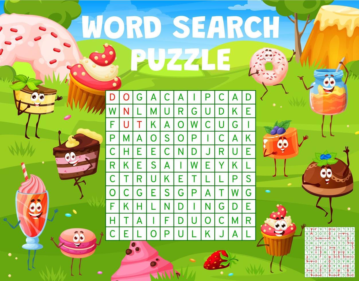 Word search puzzle game, cartoon desserts, sweets vector