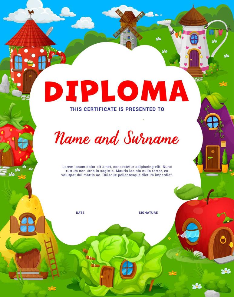 Kids diploma with cartoon fairytale dwellings vector