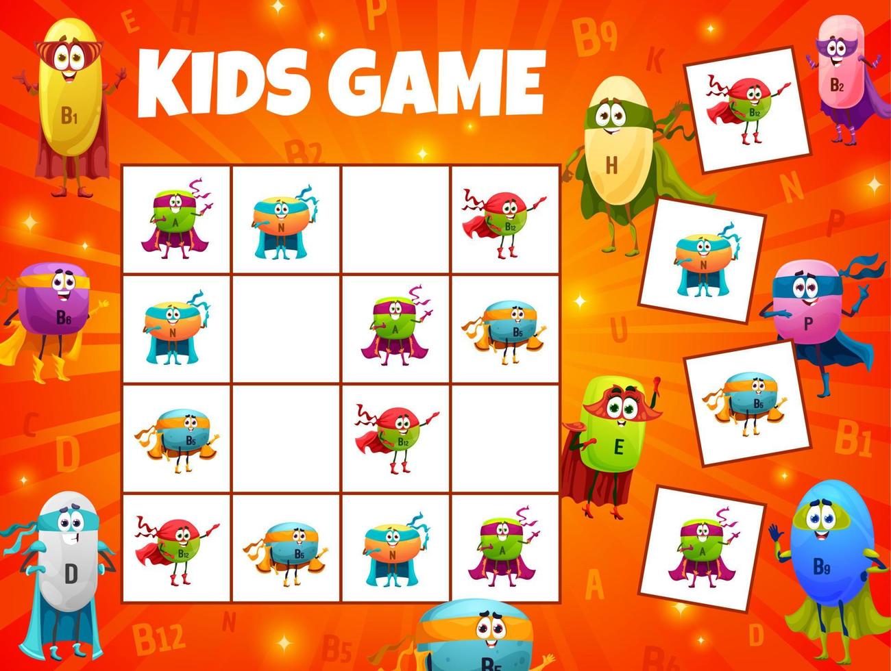 Sudoku kids game with cartoon superhero vitamins vector