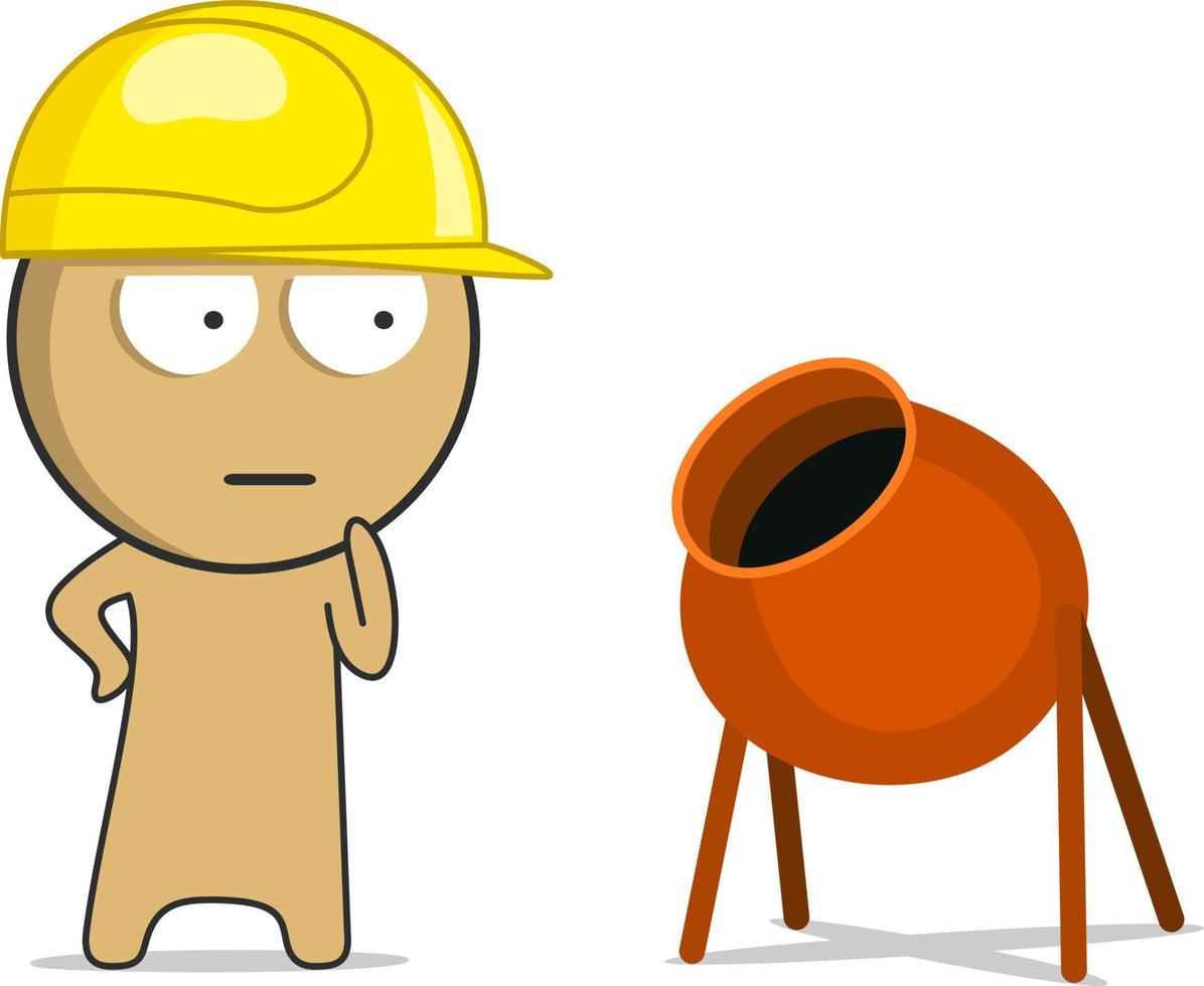 Builder in a yellow hard hat next to a concrete mixer vector