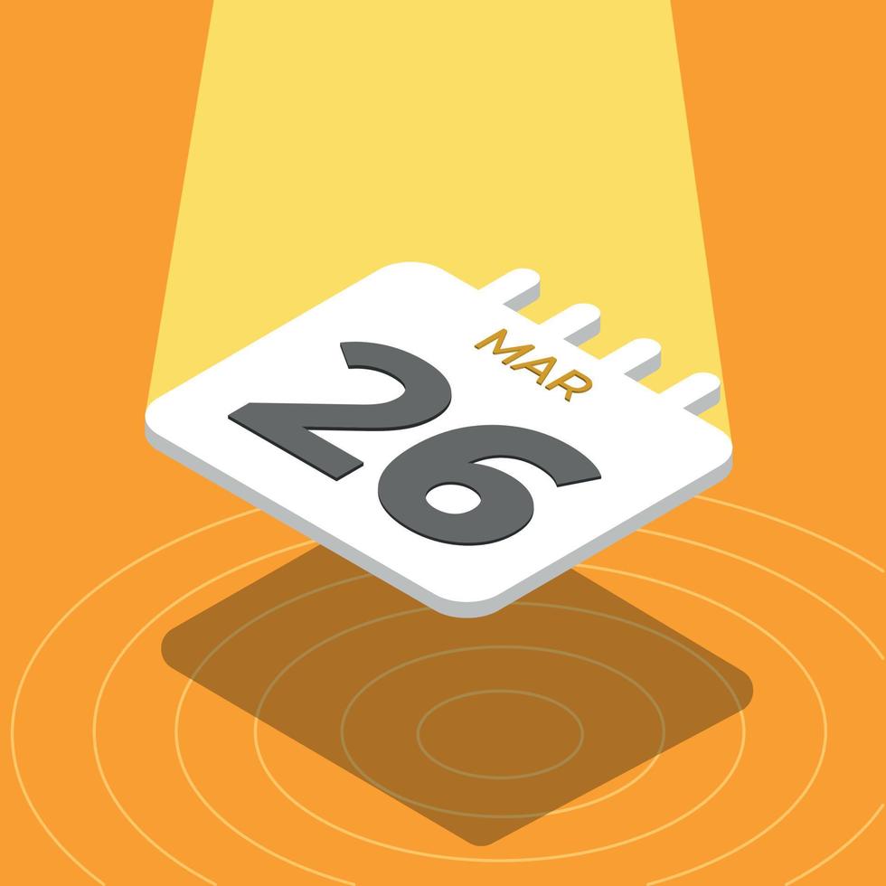 March 26 - 3D calendar floating with spotlight on yellow background