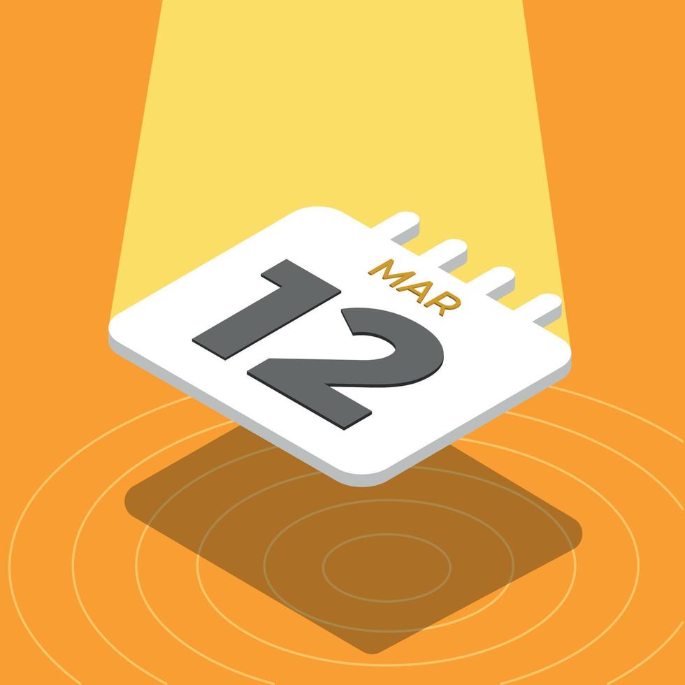 March 12 - 3D calendar floating with spotlight on yellow background vector