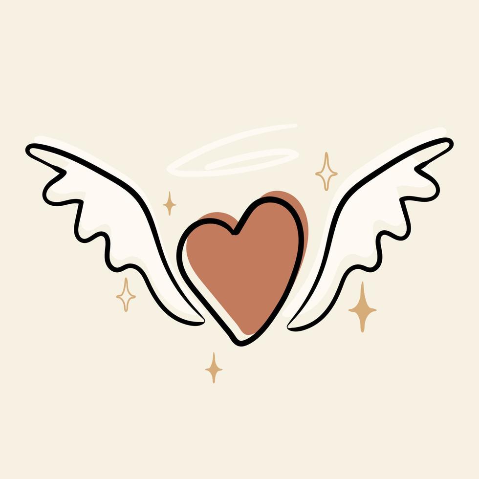 Love post with line art heart with wings. Valentine's day object. One line doodle drawing style vector