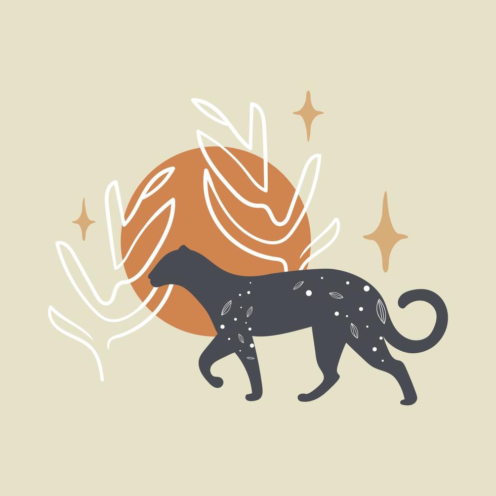 Boho black leopard vector cartoon style illustration. Mid Century print. Cosmic minimalistic scene