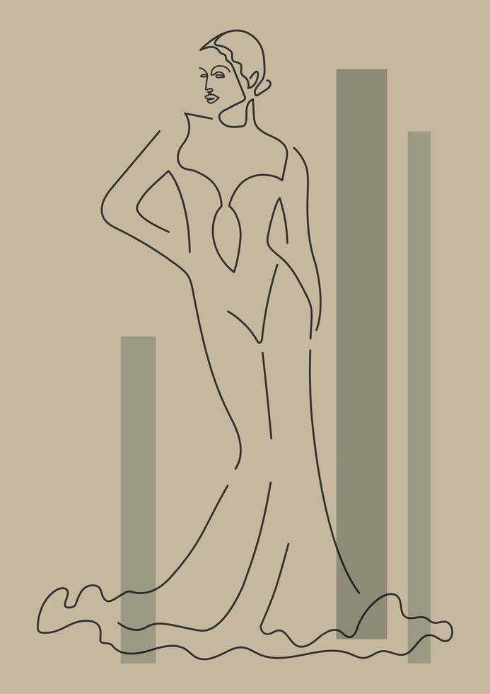 Minimalist illustration with linear full woman body. For wall decoration, postcard or brochure design. Vector line art