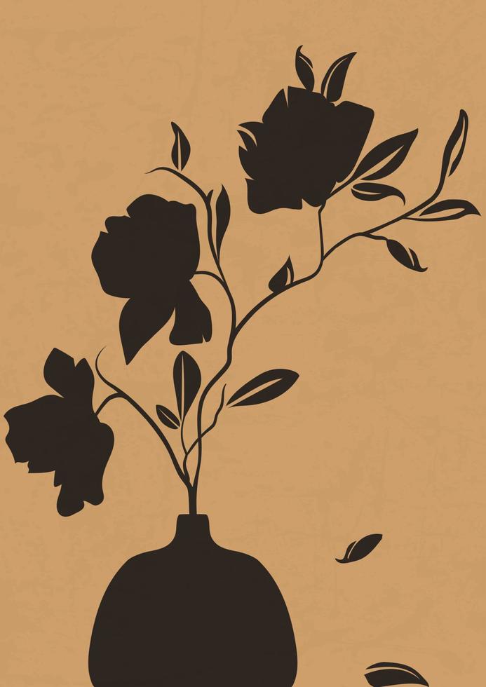 Magnolia flowers in vase monochrome illustration poster. Vector branch of blooming magnolia in glass jar on beige background.