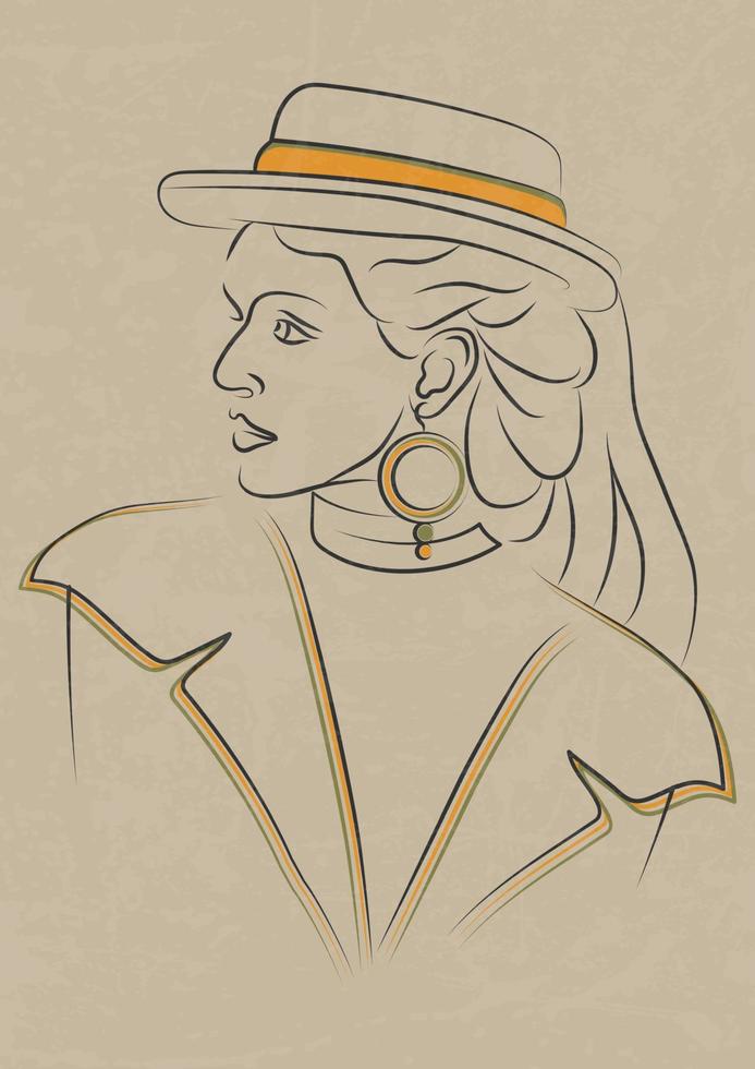 Elegant woman in hat line drawing poster illustration. Minimalistic modern women face continuous line art. Vector colorful art