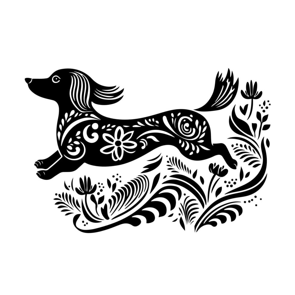 perro salchicha corriendo en flores. diseño ornamental para logo, emblema, bordado, sublimación. vector