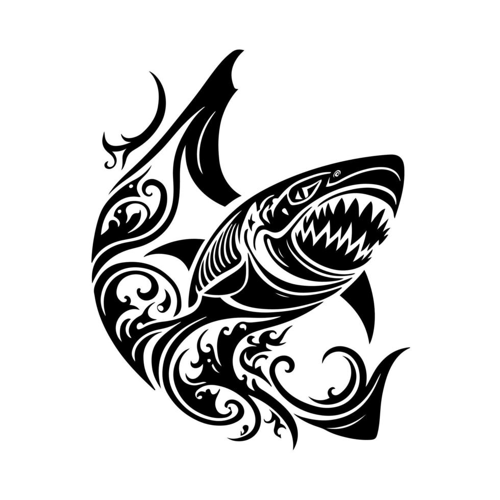 Shark with sharp teeth and sea waves. Ornamental illustration for logo, emblem, embroidery, sublimation. vector