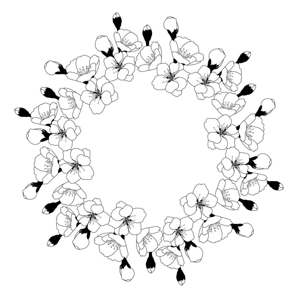 Spring wreath of cherry blossoms. Round frame with space for text. Template for postcard, invitation card, banner. Vector illustration on transparent background