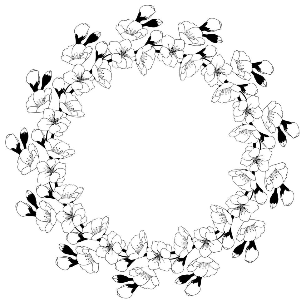 Spring wreath of cherry blossoms. Round frame with space for text. Template for postcard, invitation card, banner. Vector illustration on transparent background