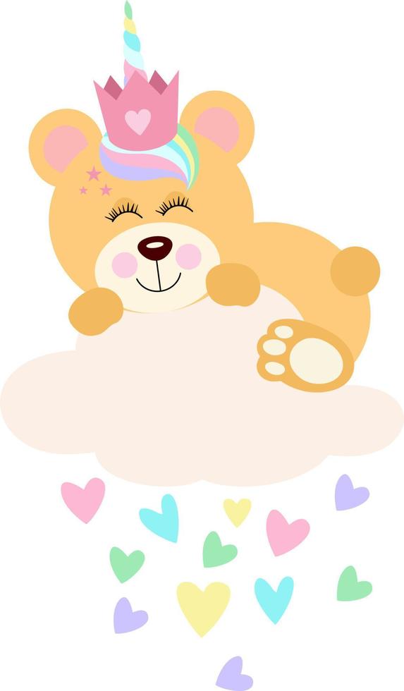 unicornio princesa oso de peluche en la nube con corazones vector