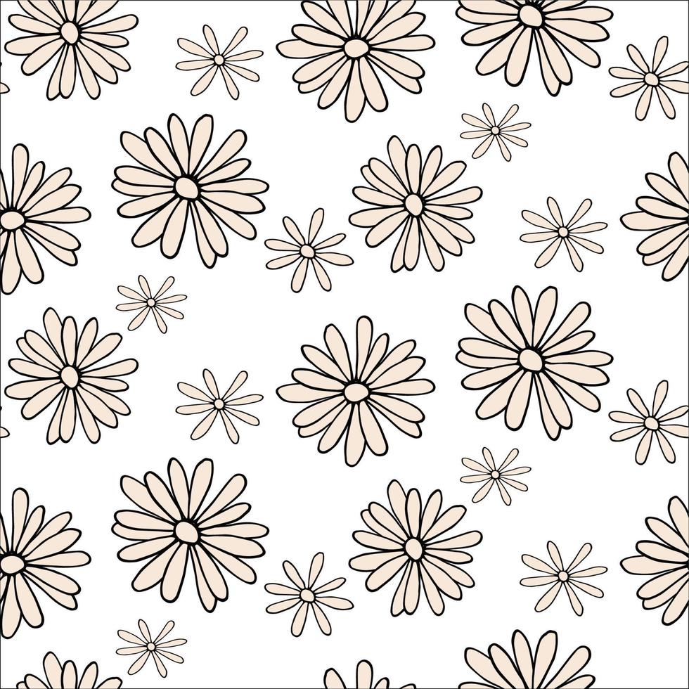 Seamless pattern with doodle daisy flower field. Simple design for surface and textile vector