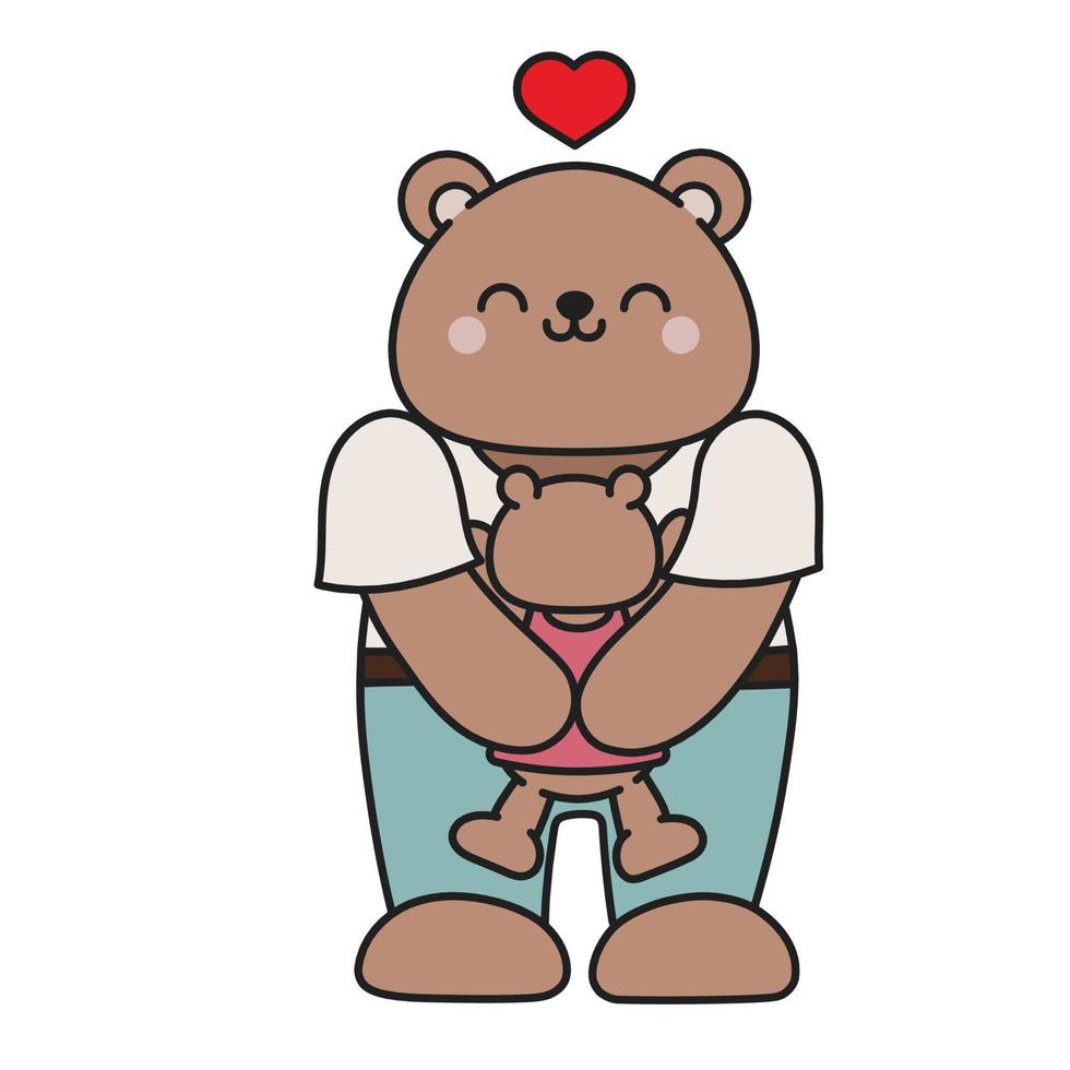 Cute cartoon bear hugging cub, brown bear. kawaii vector
