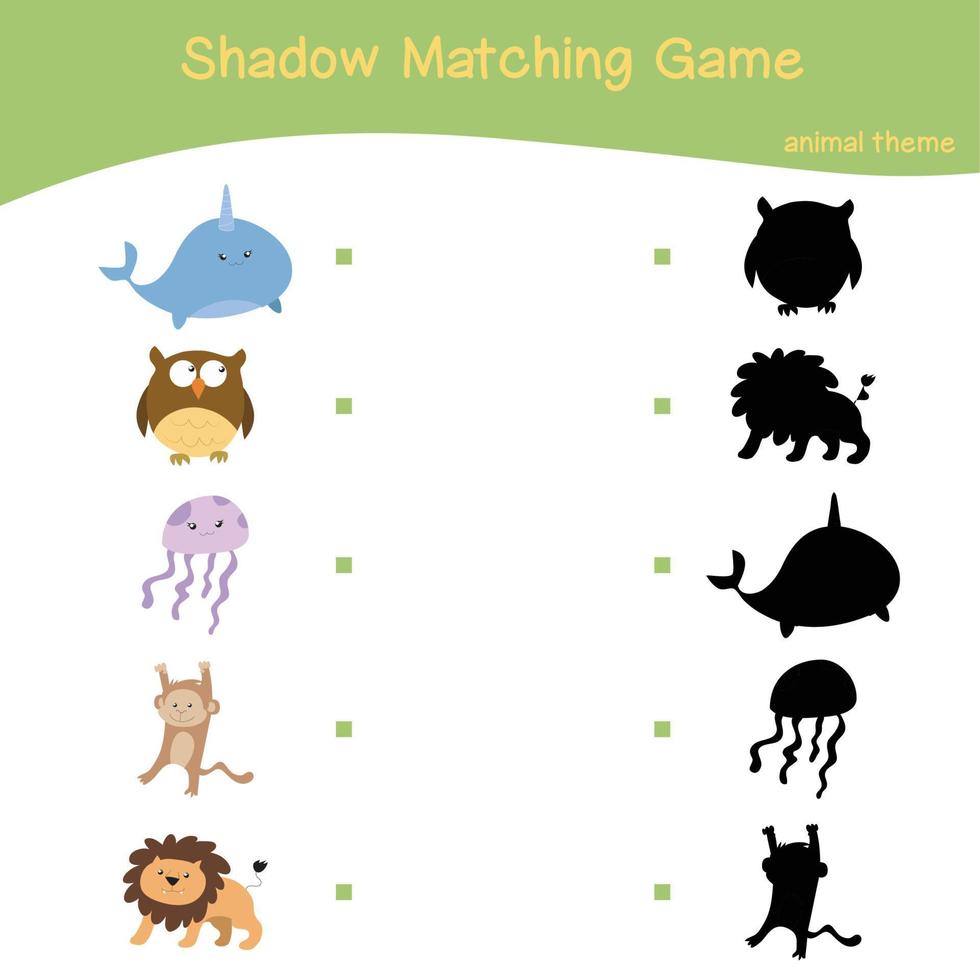 Animals matching shadow game for Preschool Children. Educational printable worksheet. Matching the images with the shadow worksheet. Vector file.