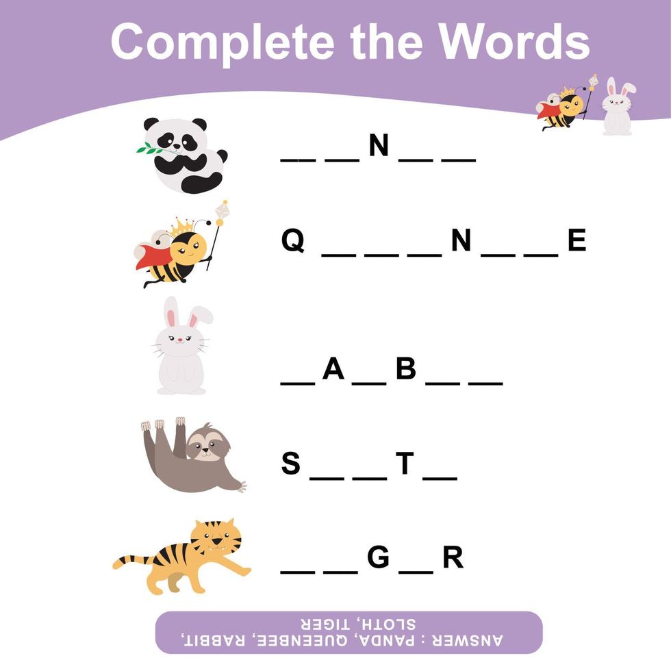 Complete the words. Animals Theme Names Worksheet. Educational activity for preschool kids. Writing activity for children. Vector file