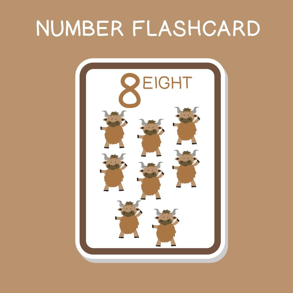 Cute number flashcards with animals set. English counting with animal theme. Math Poster for preschool. Vector illustration.