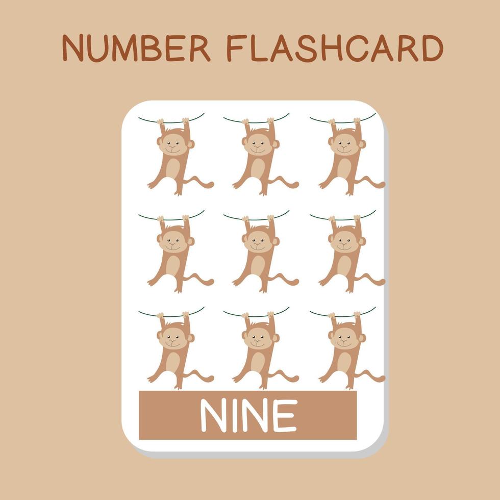 Cute number flashcards with animals set. English counting with animal theme. Math Poster for preschool. Vector illustration.