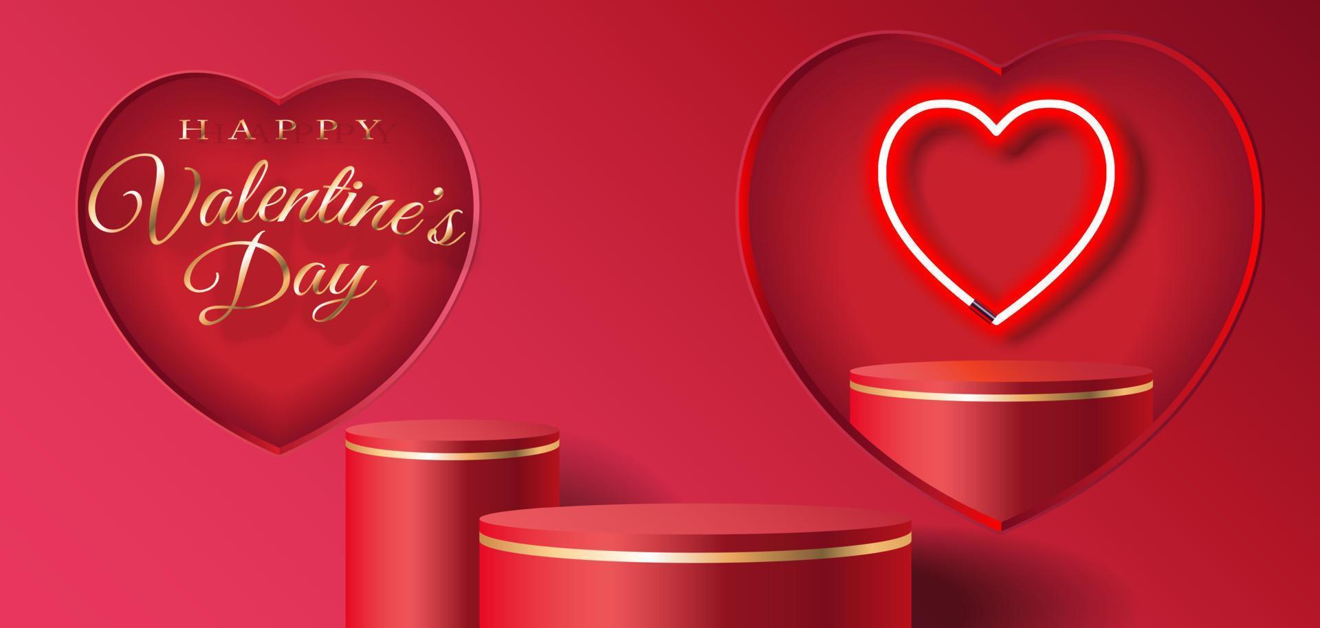 stand podium in heart shape window and heart shape neon light inside. Valentine's day minimal scene for product display presentation. vector