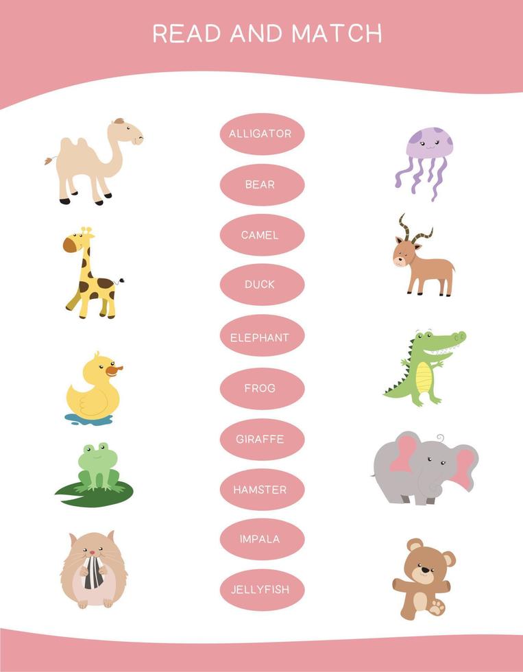 Read and match worksheet game. English alphabet with cartoon animals set. Matching words with images using funny animals sets for kids. Vector illustration.