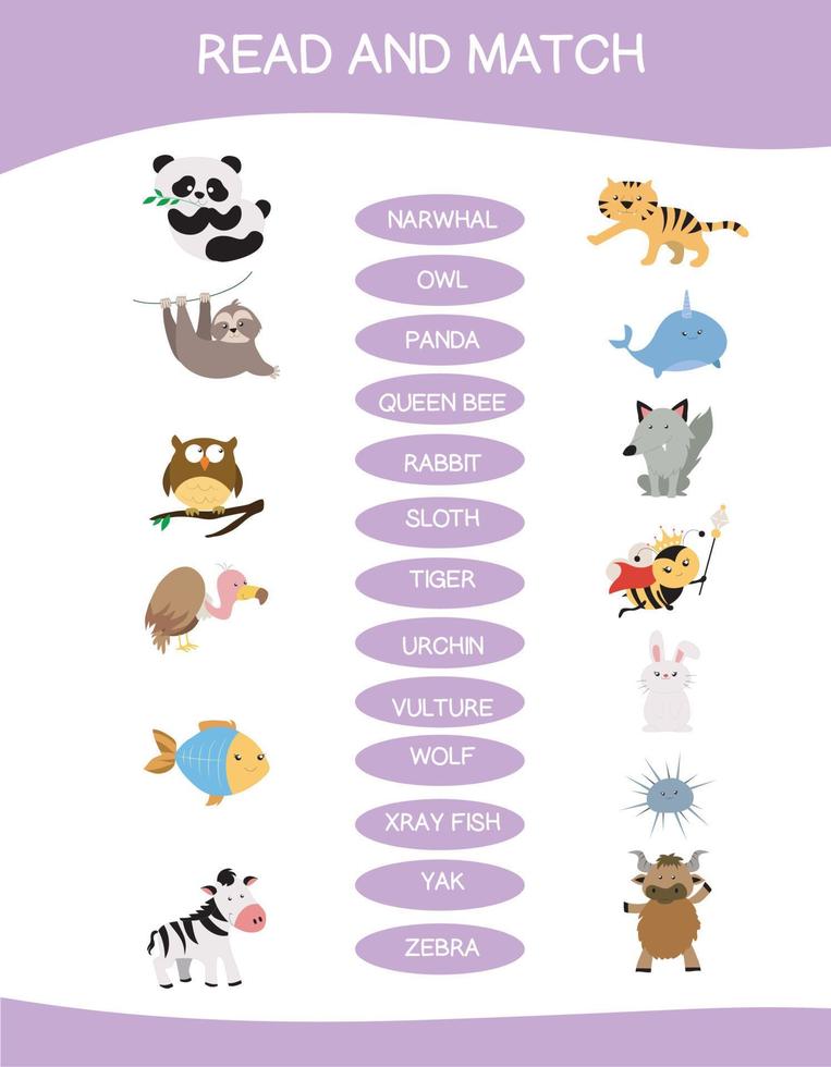 Read and match worksheet game. English alphabet with cartoon animals set. Matching words with images using funny animals sets for kids. Vector illustration.