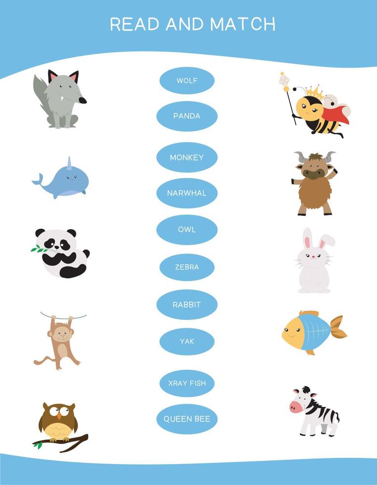 Read and match worksheet game. English alphabet with cartoon animals set. Matching words with images using funny animals sets for kids. Vector illustration.