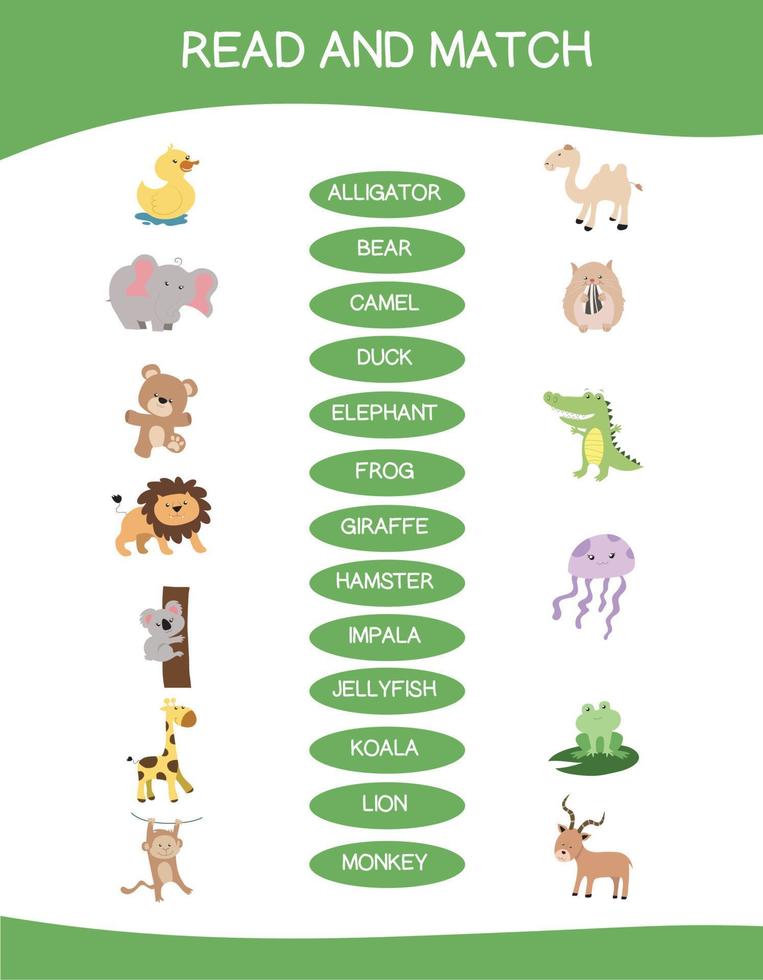 Read and match worksheet game. English alphabet with cartoon animals set. Matching words with images using funny animals sets for kids. Vector illustration.