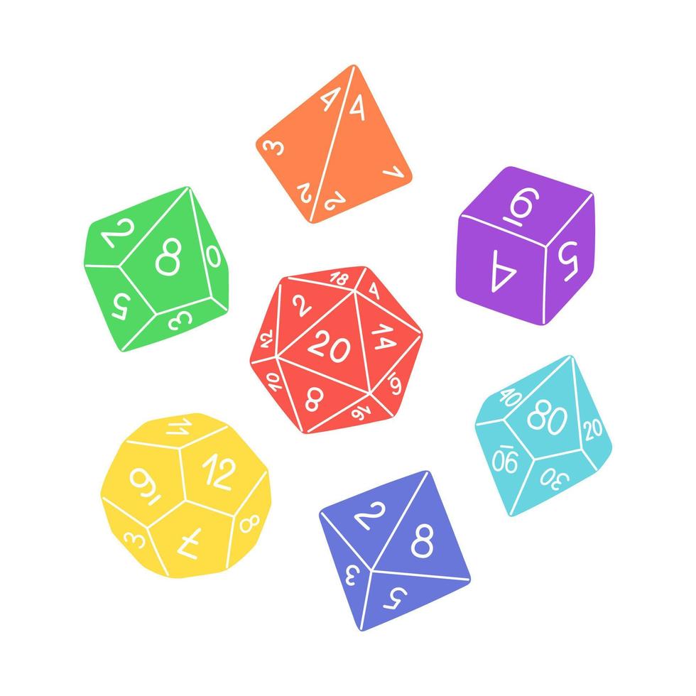 Dados d4 d6 d8 d10 d12 y d20 para juegos de mesa, juego de dados dnd. dados rpg para juegos de mesa. ilustración vectorial vector