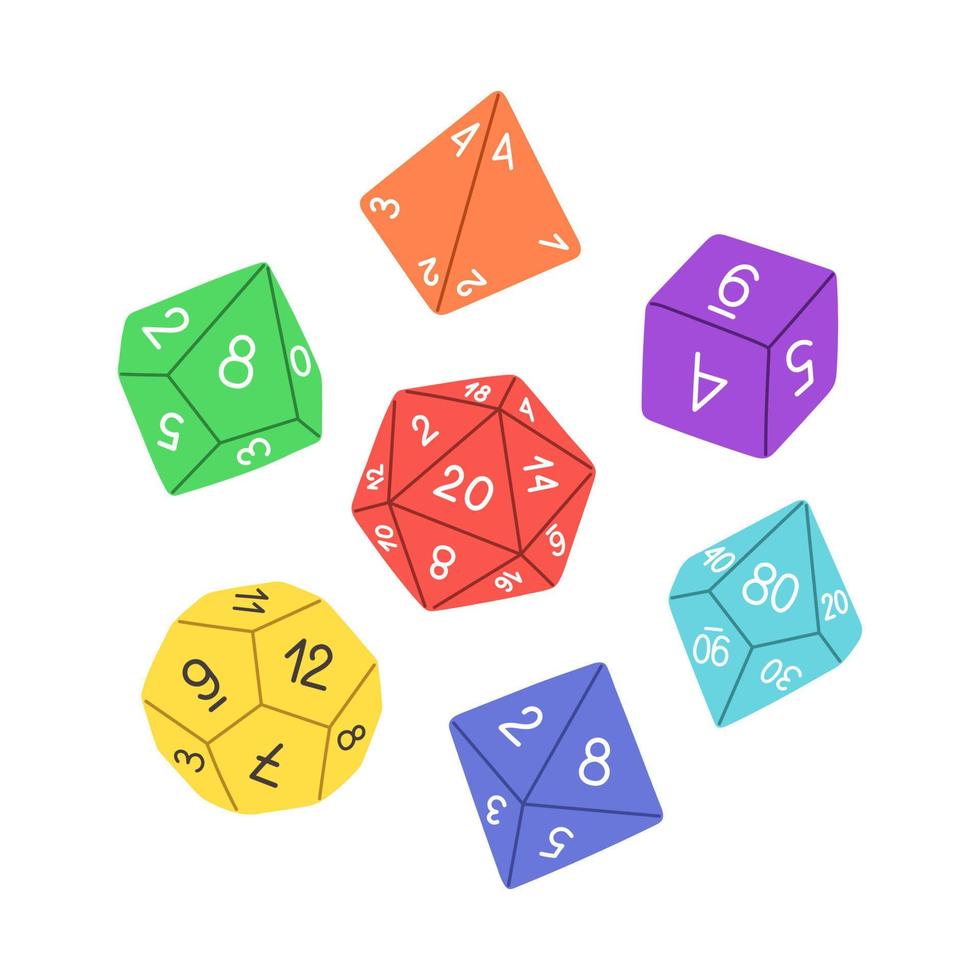 D4 D6 D8 D10 D12 and D20 Dice for Board games, dnd dices set. RPG dice for table game. Vector illustration