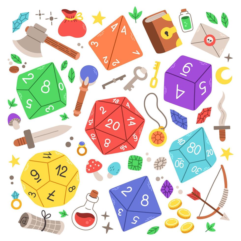 D4 D6 D8 D10 D12 and D20 Dice for Board games, dnd dices set. RPG dice for table game. Vector illustration