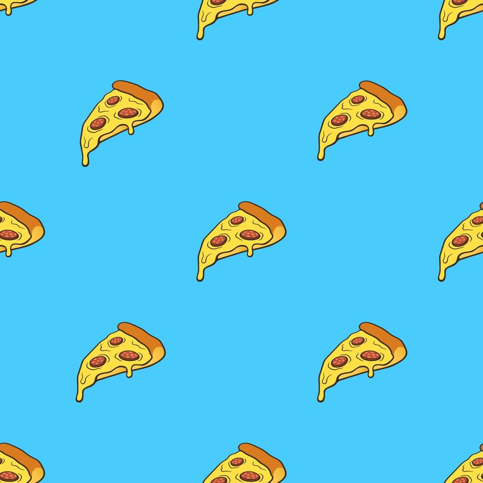 Seamless pattern with pizza slice in pop art style on blue background. Fast food and italian cuisine. Pattern with contour vector