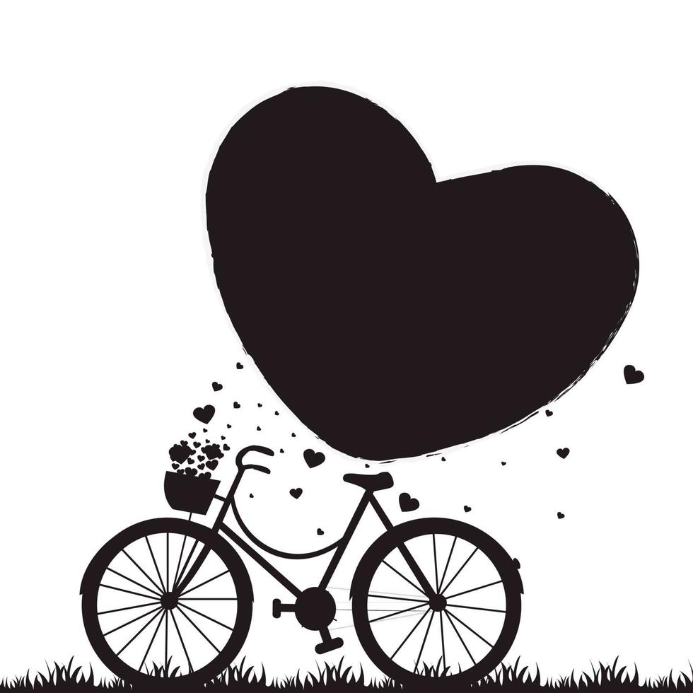 saludos del día de san valentín. ilustración de una bicicleta de silueta con el corazón volando de la cesta de la bicicleta y un gran corazón sobre fondo blanco. vector