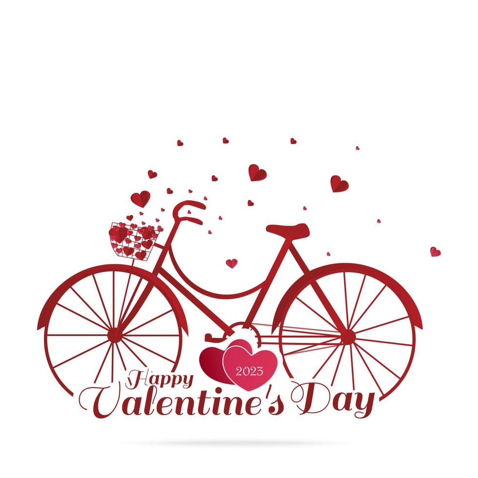 Valentine's day. Red bicycle with heart flying from bicycle basket isolated on white background. Vector illustration.