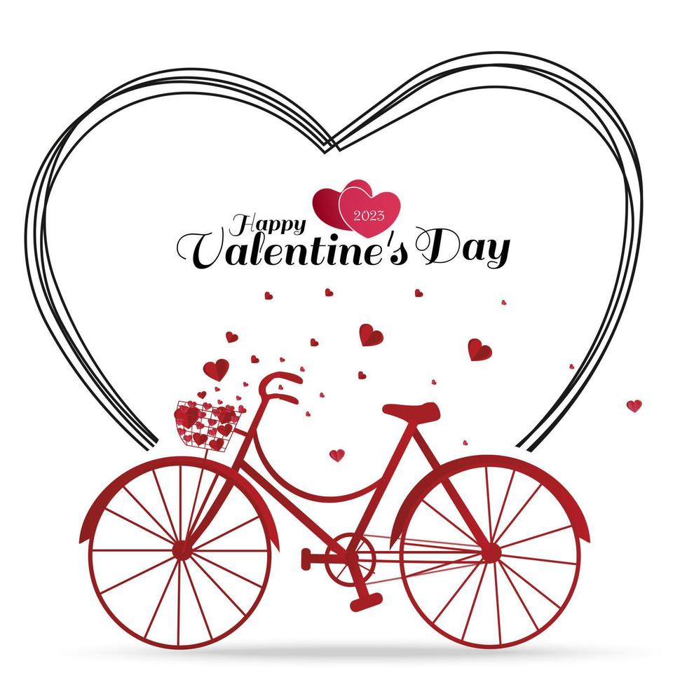 Happy Valentine's day. Red bicycle with heart flying from bicycle basket with line heart isolated on white background. vector