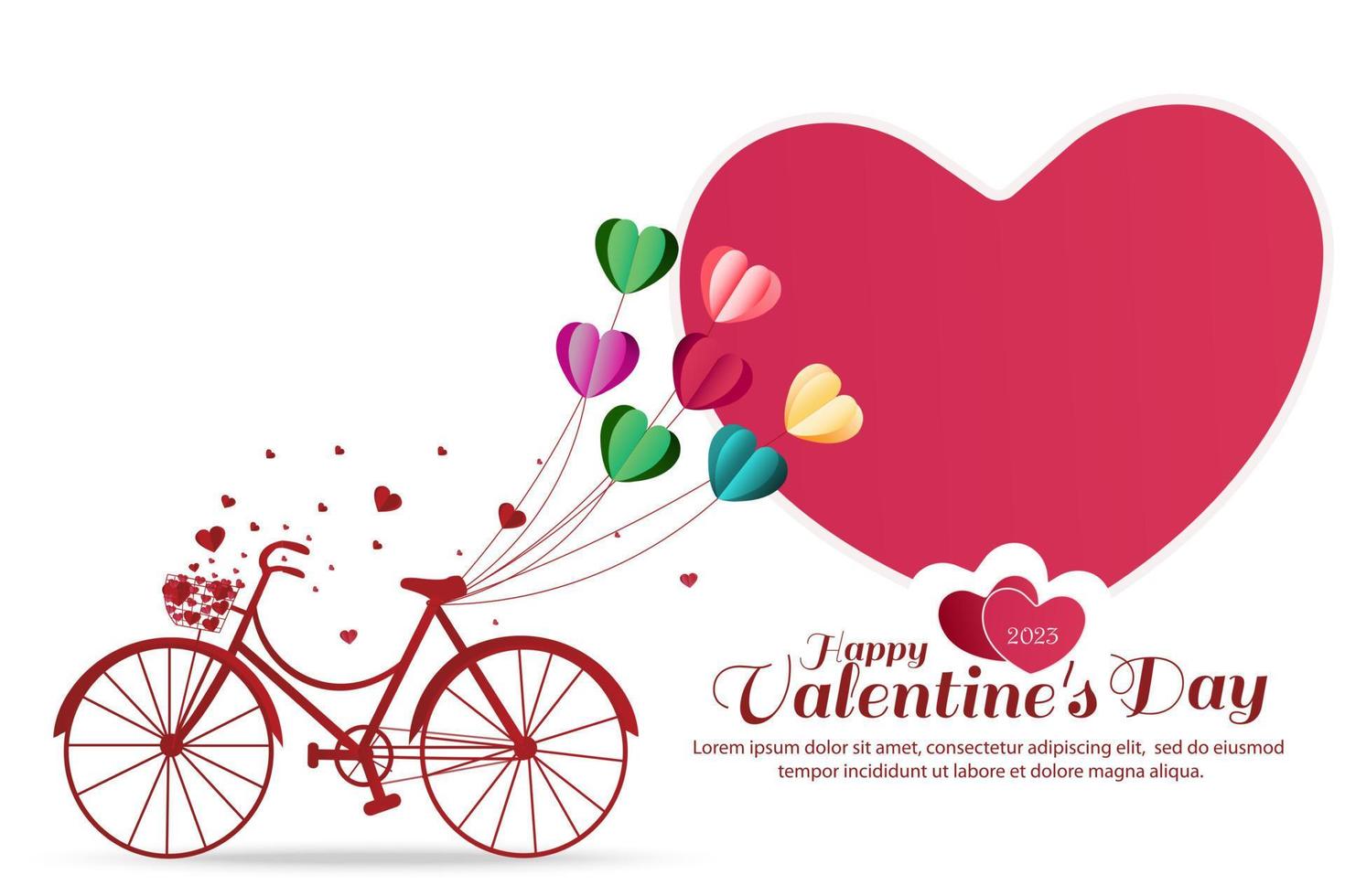 Valentine's Day greeting card with heart shaped balloons tied on a red bike. Big hearts isolated on white background. Vector illustration