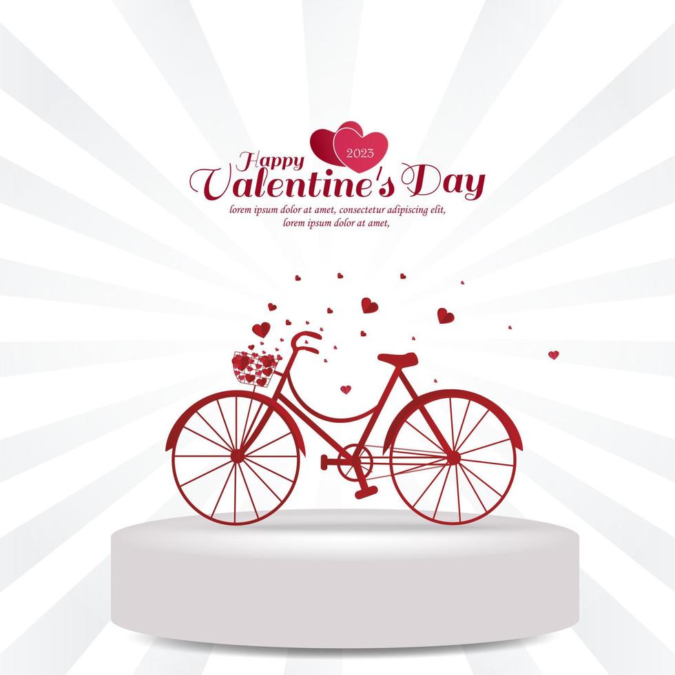 Happy Valentine's day greetings. Red bicycle with heart flying from bicycle basket on top of 3d shape for product display presentation on a background of light rays. Vector illustration