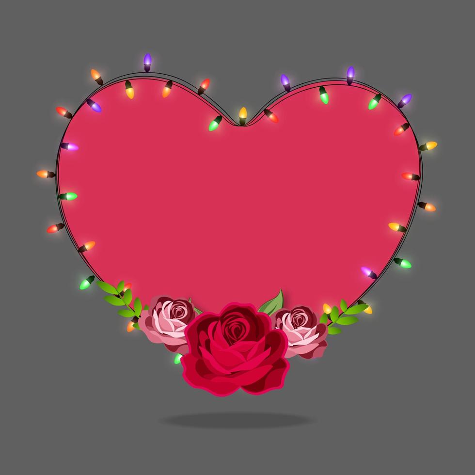 feliz tarjeta de felicitación del día de san valentín con luces eléctricas, corazón rojo con rosas. vector