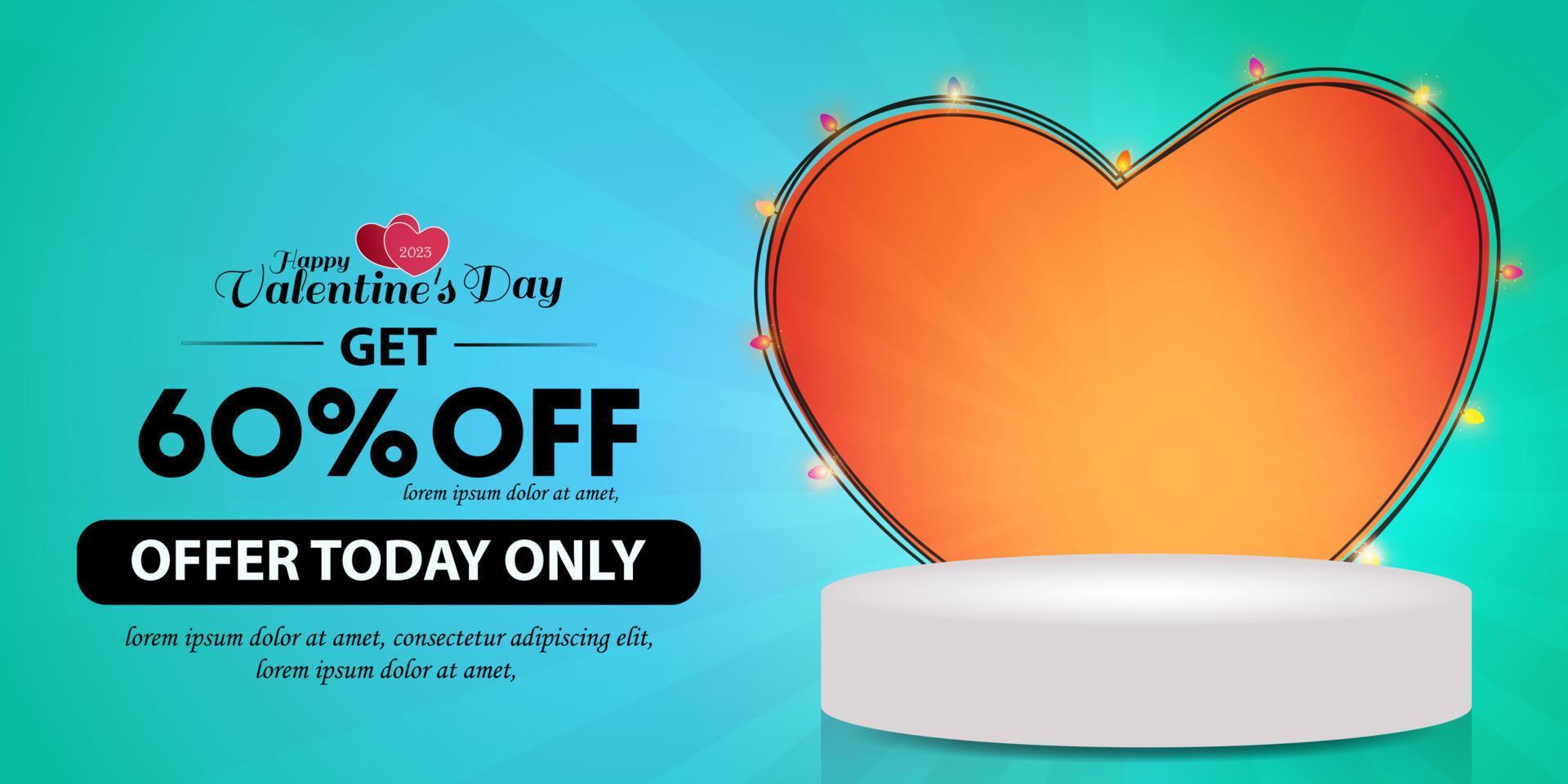 Happy Valentine's Day sale background. Big hearts with light and 3d shape for product display presentation with light rays background. Vector illustration for website, poster, promotional material.