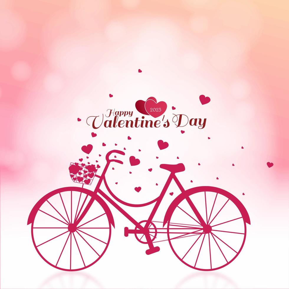 Valentine's day greeting card with hearts flying from bike with romantic bokeh effect background. Vector illustration.